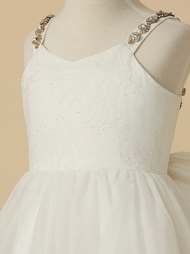 A-Line Sleeveless Straps Ankle Length Flower Girl Dress with Bow Beading and Lace Tulle