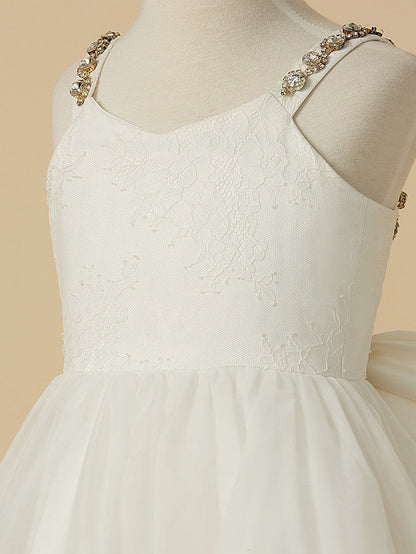 A-Line Sleeveless Straps Ankle Length Flower Girl Dress with Bow Beading and Lace Tulle