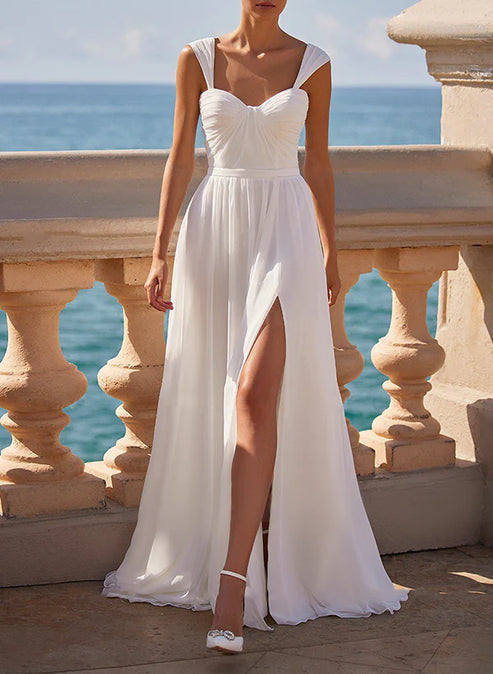 A-Line Square Neckline Sleeveless Chiffon Wedding Dresses With High Split Sexy