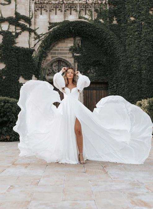 A-Line Sweetheart Long Sleeves Chiffon Sweep Train Wedding Dress Off Shoulder With Slit Elegant
