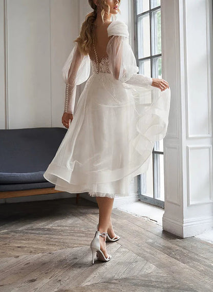 A-Line Sweetheart Long Sleeves Elegant Tulle Wedding Dresses With Appliques Lace Beautiful