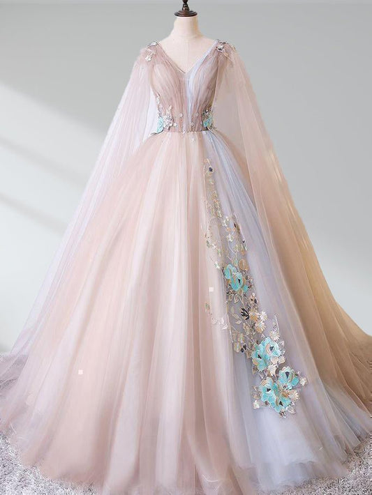 A Line Tulle Khaki Embroidery Appliqued Long Dresses