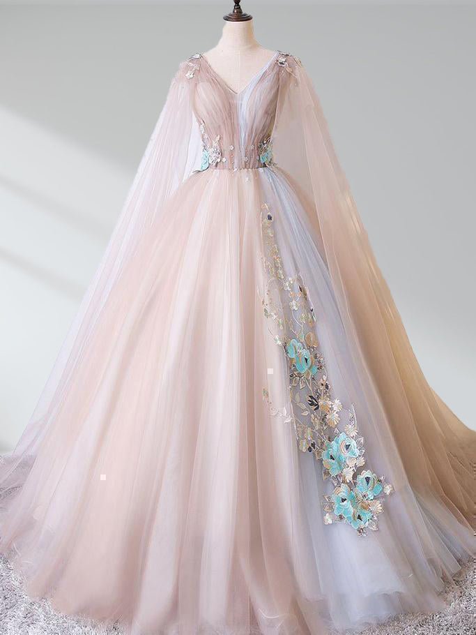 A Line Tulle Khaki Embroidery Appliqued Long Dresses