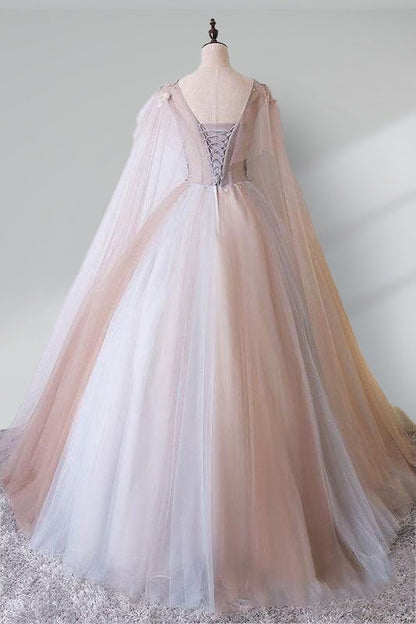 A Line Tulle Khaki Embroidery Appliqued Long Dresses