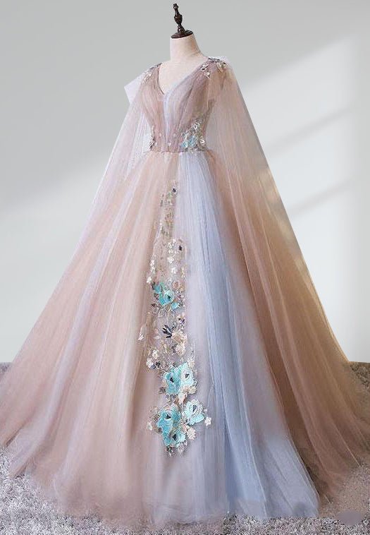A Line Tulle Khaki Embroidery Appliqued Long Dresses