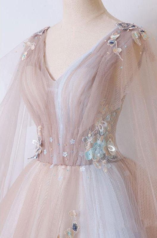 A Line Tulle Khaki Embroidery Appliqued Long Dresses