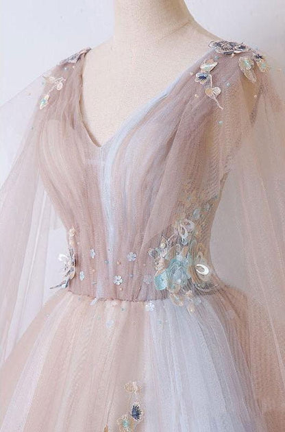 A Line Tulle Khaki Embroidery Appliqued Long Dresses