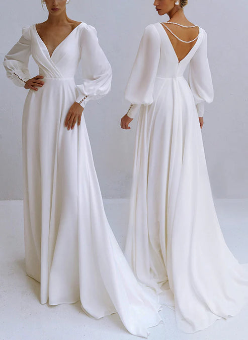 A-Line V-Neck Long Sleeves Chiffon Wedding Dresses With Beading Elegant