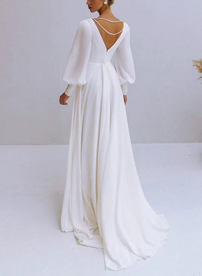 A-Line V-Neck Long Sleeves Chiffon Wedding Dresses With Beading Elegant