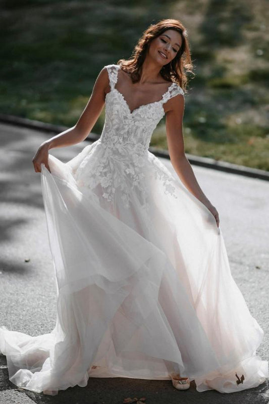 A-line V-neck Long Wedding Dress With Tulle Backless and Lace