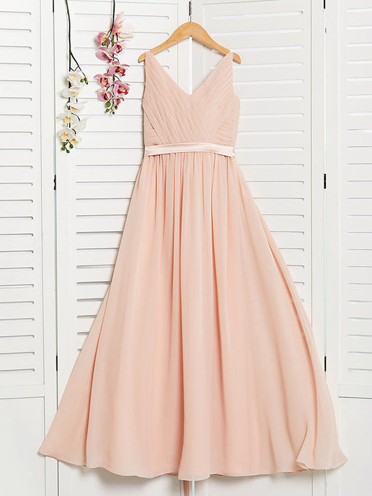 A-Line V Neck Maxi Chiffon Junior Flower Girl Dress With Sash Ribbon Ruching