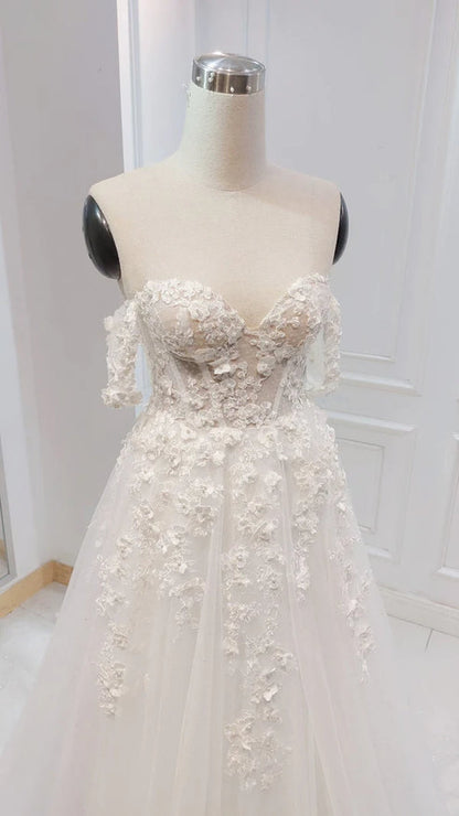 A-line White Off the Shoulder Wedding Dress With Flower Embroidery Beautiful