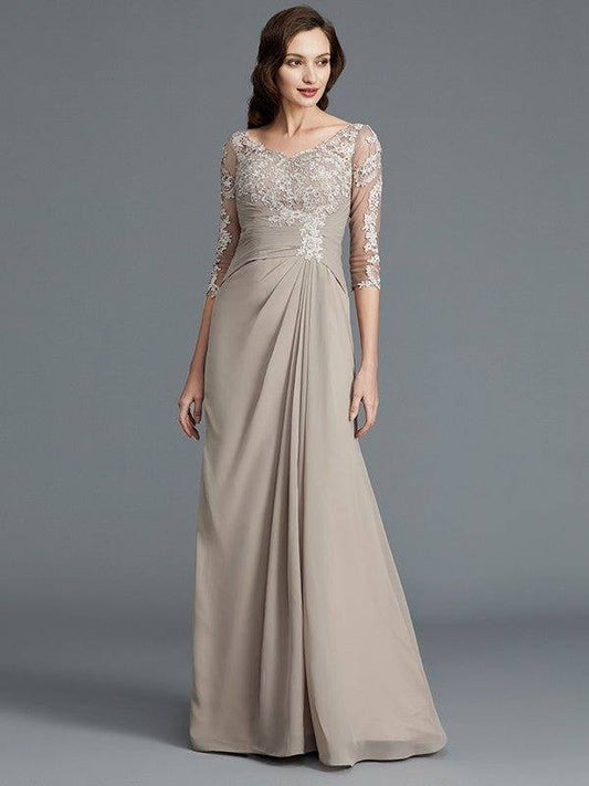 A-Line/Princess 1/2 Sleeves Scoop Applique Chiffon Floor-Length Mother of the Bride Dresses - RongMoon