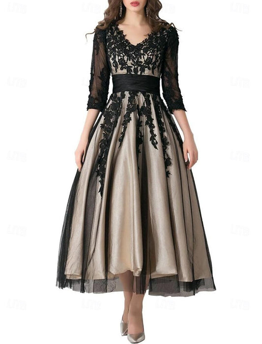 A-Line Mother of the Bride Dress Wedding Guest Elegant Vintage V Neck Ankle Length Lace Tulle 3/4 Length Sleeve with Pleats Appliques