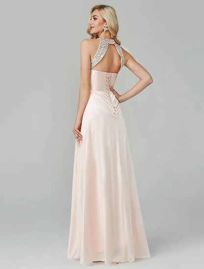 A-Line Little Black Dress Dress Party Wear Floor Length Sleeveless Silk Backless with Crystals Sequin