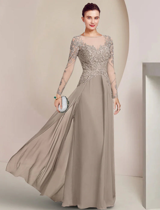 Aimishang  Sheath / Column Mother of the Bride Dress Formal Wedding Guest Elegant Scoop Neck Floor Length Chiffon Lace Long Sleeve with Beading Appliques