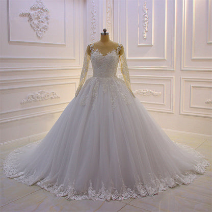 Amazing Bateau Long Sleeves Lace Wedding Dress with Pearl Appliques