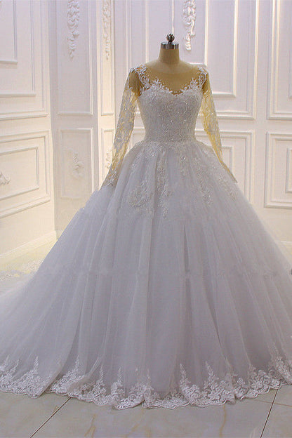 Amazing Bateau Long Sleeves Lace Wedding Dress with Pearl Appliques