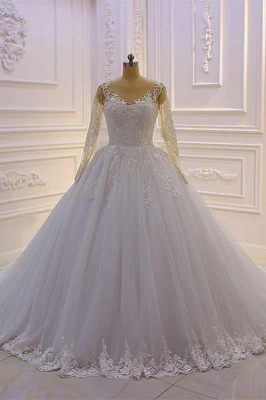 Amazing Bateau Long Sleeves Lace Wedding Dress with Pearl Appliques