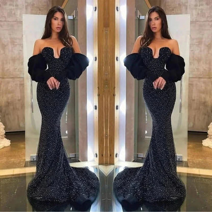 Amazing Black Mermaid Evening Dress Long With Beads Detachable Sleeves
