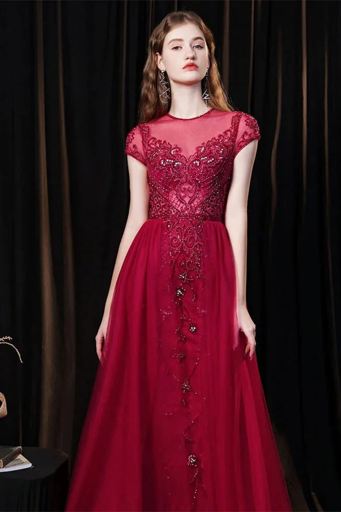 Amazing Burgundy Cap Sleeves Tulle Evening Party Gowns With Beadings