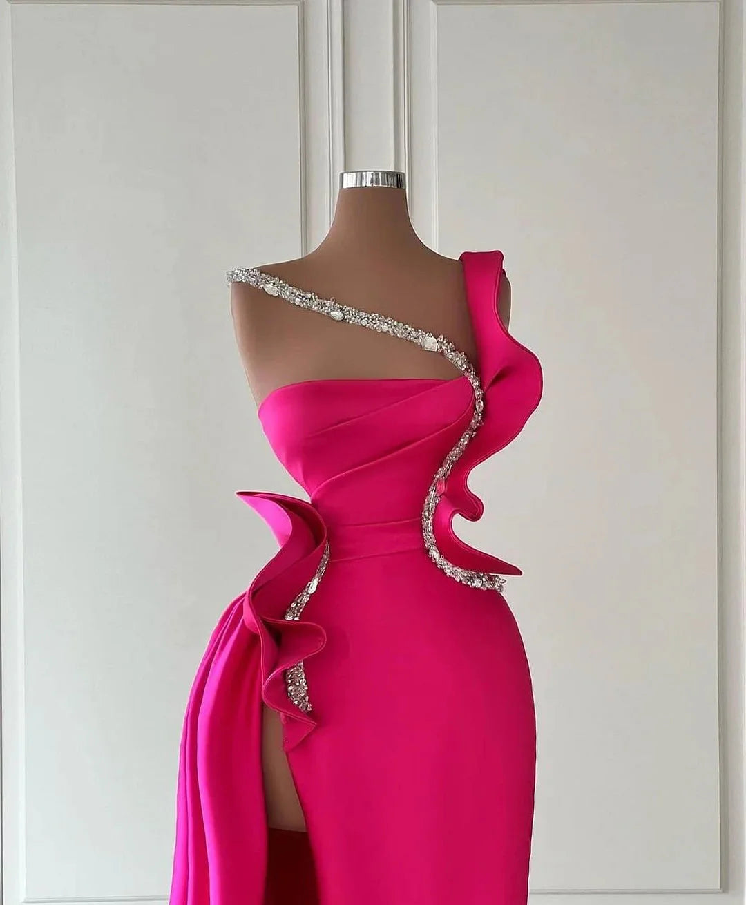 Amazing Fuchsia Mermaid Evening Dress Ruffles With Beads Long