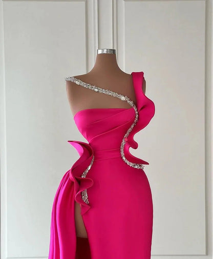 Amazing Fuchsia Mermaid Evening Dress Ruffles With Beads Long