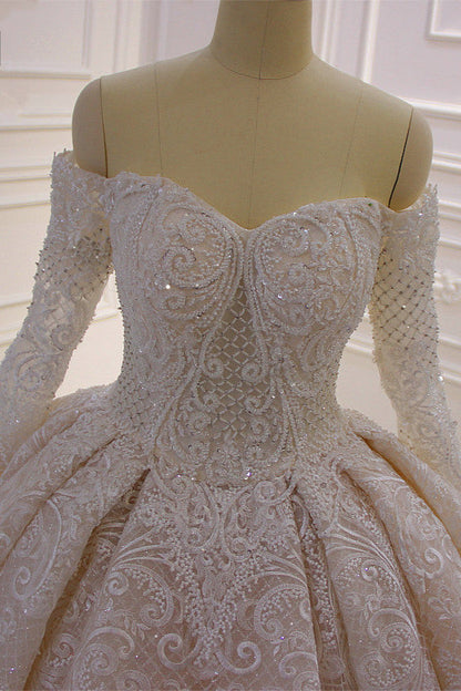 Amazing Long Sleeves Ball Gown Wedding Dress With Lace Appliques