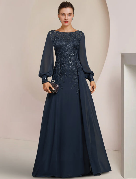 Aimishang Sheath / Column Mother of the Bride Dress Formal Wedding Guest Elegant Scoop Neck Floor Length Chiffon Lace Long Sleeve with Sequin Appliques
