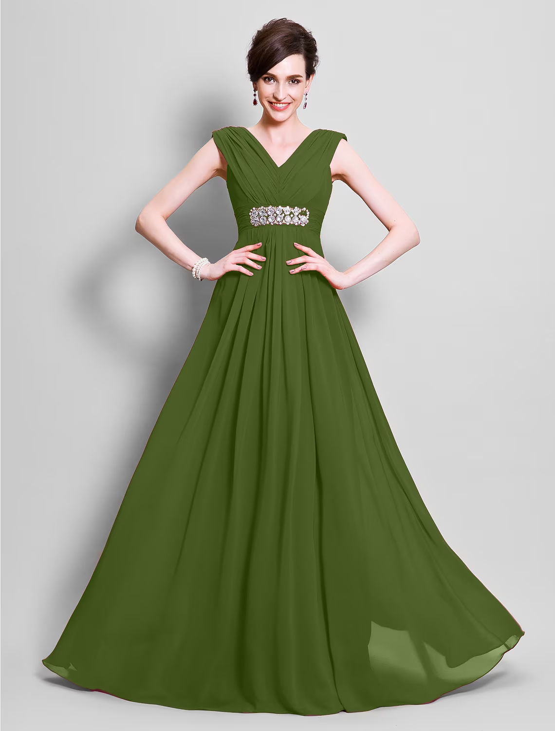 A-Line Mother of the Bride Dress Open Back V Neck Floor Length Chiffon Sleeveless with Beading Side Draping