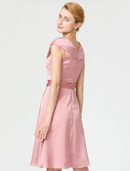 Aimishang A-Line Mother of the Bride Dress Elegant V Neck Knee Length Satin Chiffon Short Sleeve No with Sash / Ribbon Pleats Beading