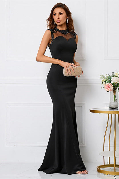 Beaded High Collar Mermaid Sleeveless Evening Dress - Black