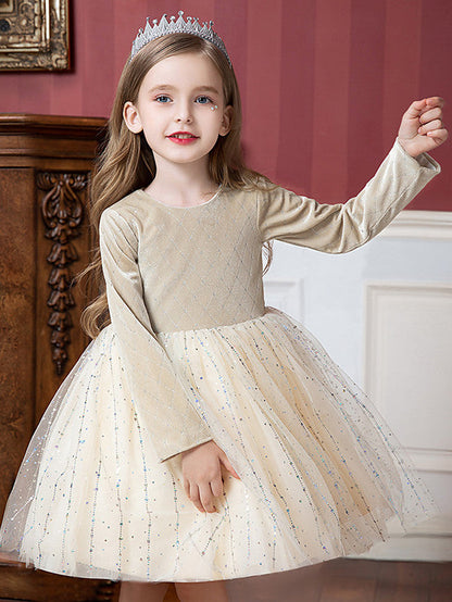 Beautiful Flower Girl Dress with Splicing Paillette - Tulle Velvet Long Sleeve Jewel Neck Ball Gown Knee Length