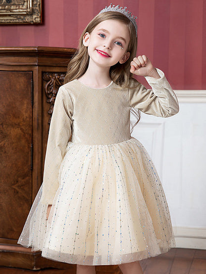 Beautiful Flower Girl Dress with Splicing Paillette - Tulle Velvet Long Sleeve Jewel Neck Ball Gown Knee Length