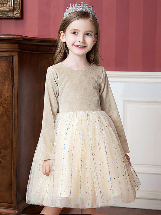 Beautiful Flower Girl Dress with Splicing Paillette - Tulle Velvet Long Sleeve Jewel Neck Ball Gown Knee Length