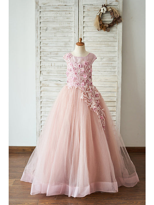 Beautiful Jewel Ball Gown with Pearls and Lace for Flower Girls