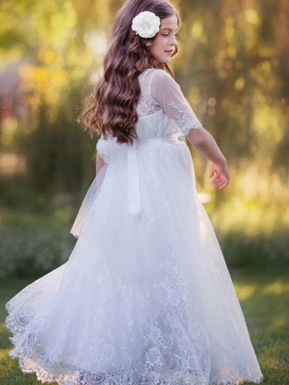 Beautiful Lace Tulle A-Line Floor Length Flower Girl Dress with Long Sleeve and Tier