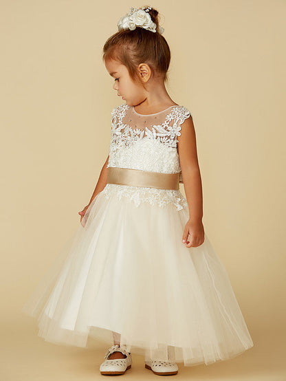 Beautiful Lace Tulle Ball Gown with Belt, Buttons & Beading for Girls