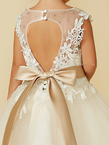 Beautiful Lace Tulle Ball Gown with Belt, Buttons & Beading for Girls