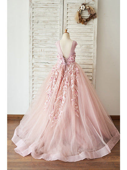 Beautiful Lace Tulle Sleeveless Jewel Ball Gown with Pearls for Flower Girls