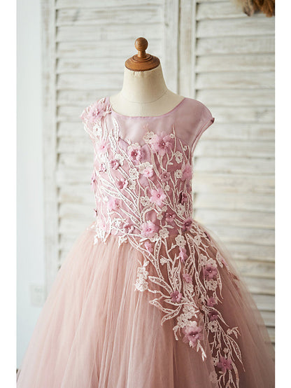 Beautiful Lace Tulle Sleeveless Jewel Ball Gown with Pearls for Flower Girls