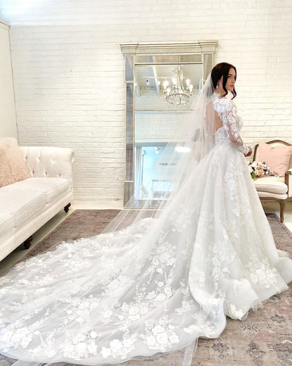 Beautiful Long A-line High Neck Open Back Wedding Dress With Lace Sleeves