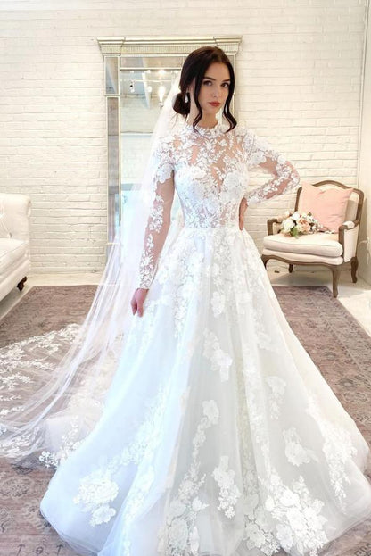 Beautiful Long A-line High Neck Open Back Wedding Dress With Lace Sleeves