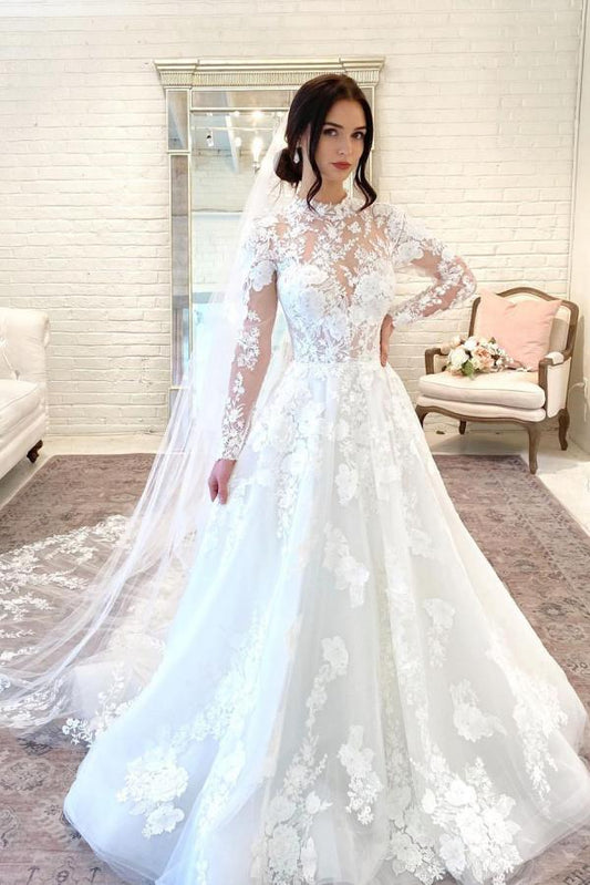 Beautiful Long A-line High Neck Open Back Wedding Dress With Lace Sleeves