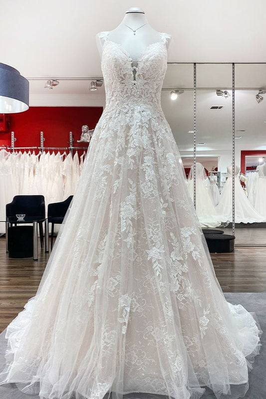 Beautiful Long A-Line V-Neck Tulle Lace Wedding Dress with Ruffles and Open Back