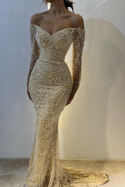 Beautiful Long Sleeves Off-the-Shoulder Prom Dress Mermaid Pearls With Beads