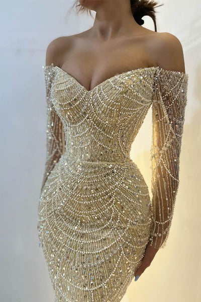 Beautiful Long Sleeves Off-the-Shoulder Prom Dress Mermaid Pearls With Beads