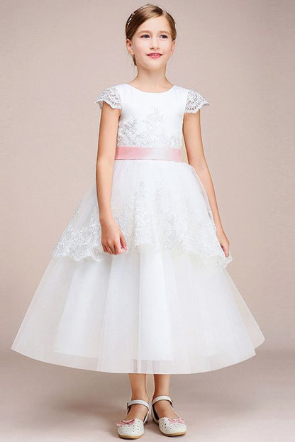Beautiful Lovely Jewel Cap Sleeves Flower Girl Dress Tulle
