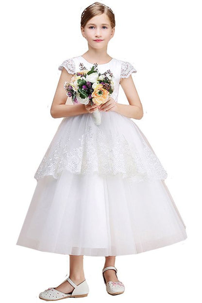 Beautiful Lovely Jewel Cap Sleeves Flower Girl Dress Tulle