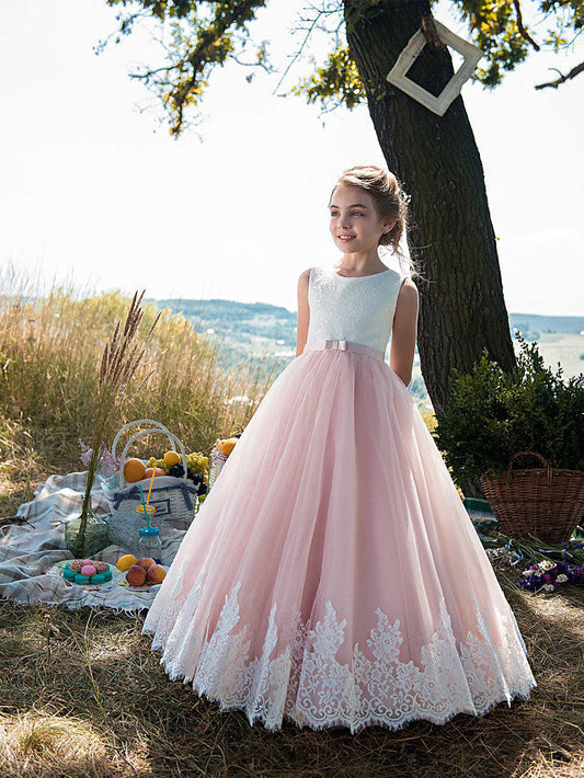 Beautiful Princess Sleeveless Jewel Neck Flower Girl Dress with Tulle Cotton and Lace Belt Appliques
